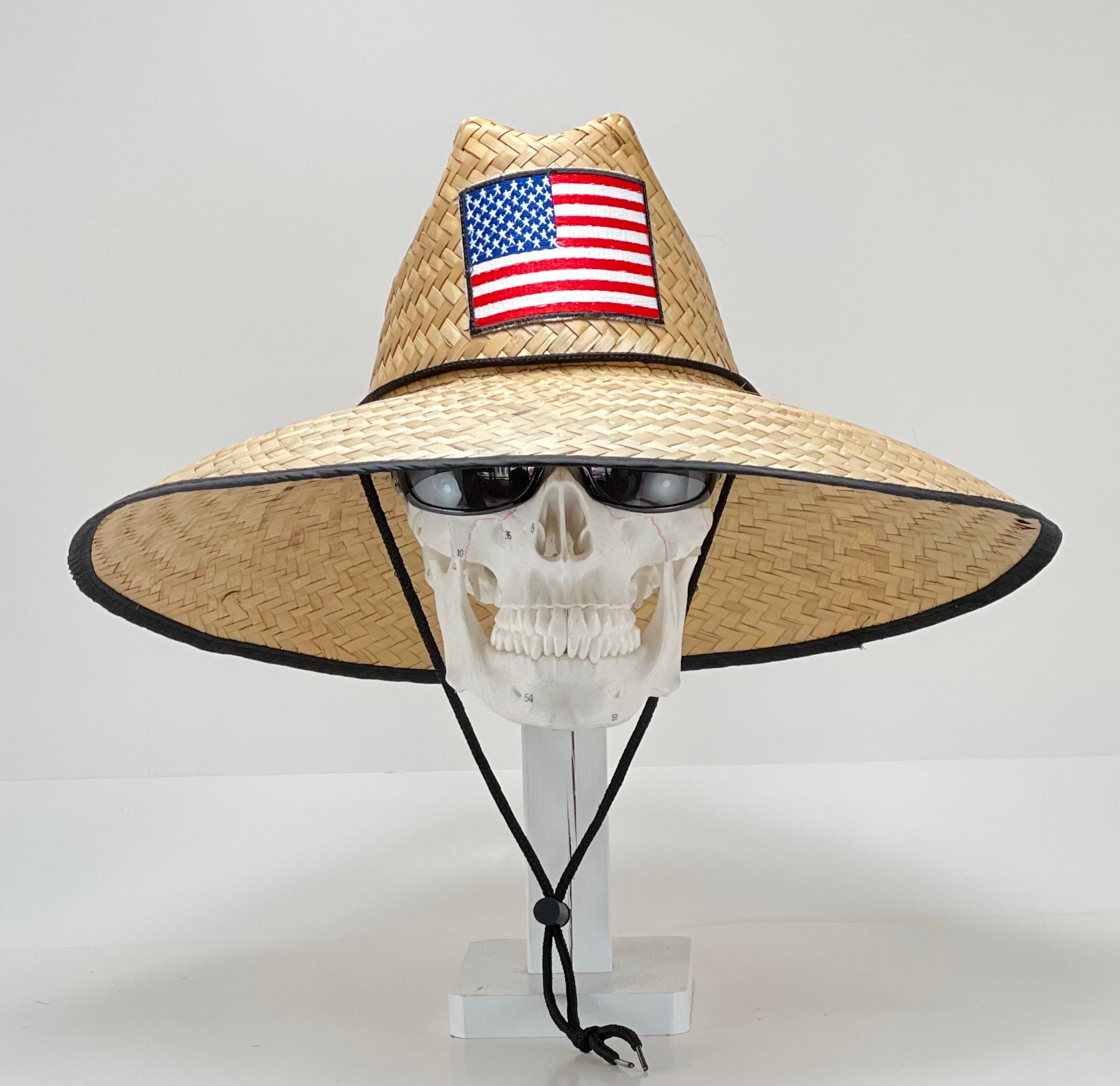 Straw Hat American Flag Emblem Brim 
