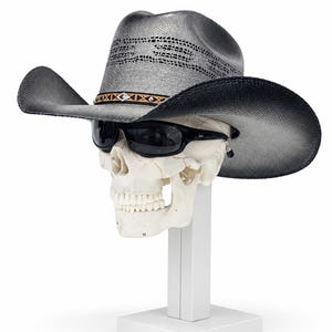 Op de afbeelding: Een grijze cowboyhoed met een textuurafwerking en een decoratieve band met geometrische patronen en een centraal ruitvormig accent. De hoed wordt gedragen door een wit anatomisch schedelmodel dat ook een zwarte zonnebril draagt.