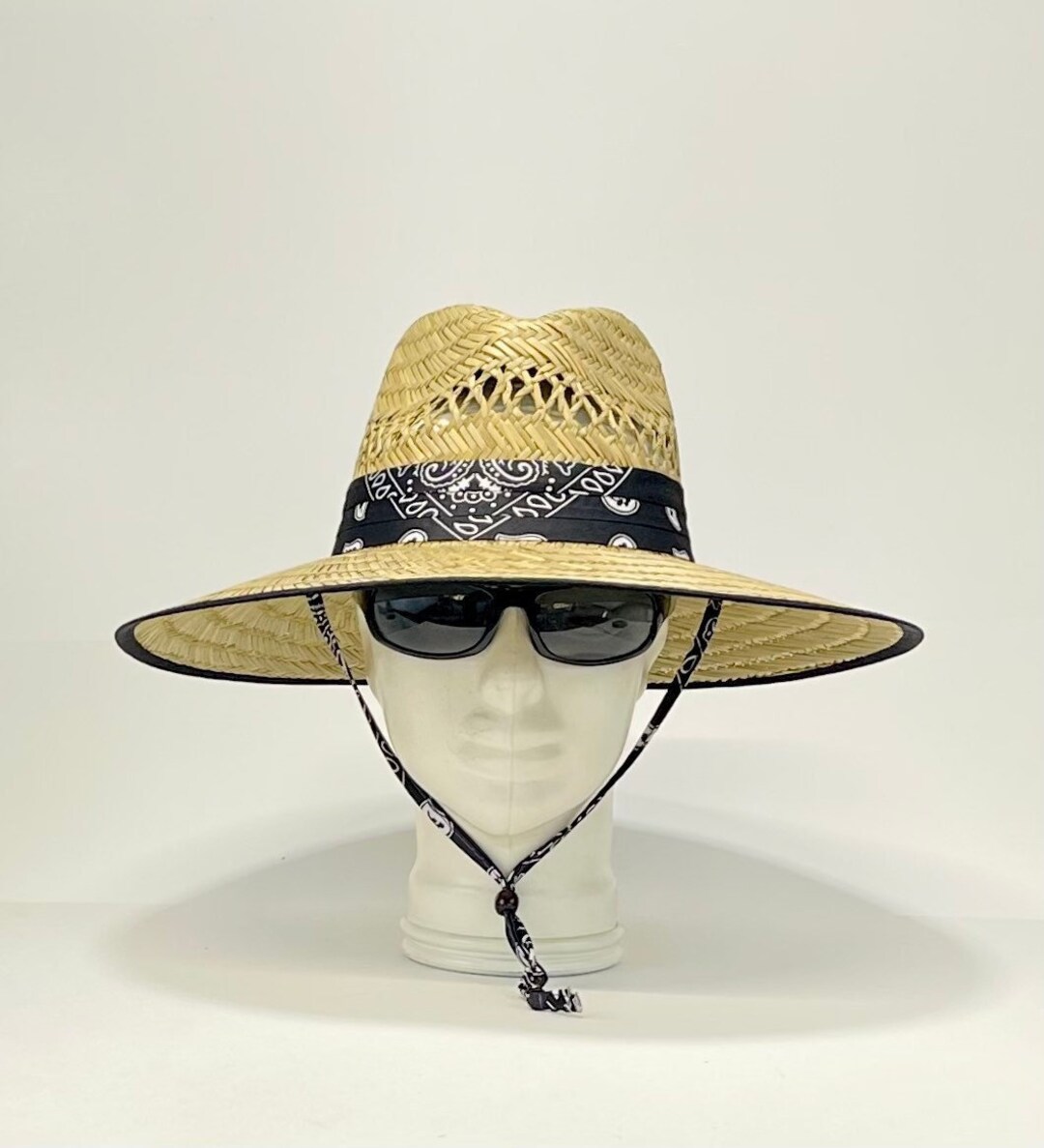 Black Bandana Straw Hat, Well Ventilated, Colorful Bandana With