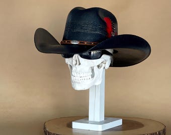 Bangora Black Cowboy hat, proudly handmade in Mexico, with an elastic sweat bandana for a comfortable fit, with rain cover and real feather.