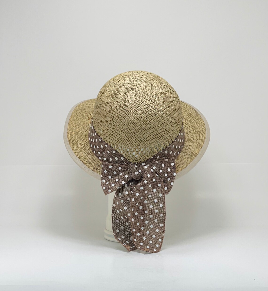 Ladies Asian Straw Visor Hat with White Polka White Dots Etsy