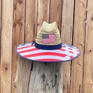 USA Flag Straw Hat, with brim liner to ensure maximum sun coverage, matching bandana, hat edge and chin strap, well ventilated!