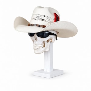 May include: A white straw cowboy hat with a brown leather band, a silver buckle, and a red and black feather accent. The hat is worn by a human skull model wearing black sunglasses, which is mounted on a white square wooden pedestal stand.