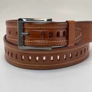 Brown Leather Double Stitch Belt, Satine Nickle finish buckle, Leather 1/8”thick x 1.5” inches, made in Mexico, available size 32-44,