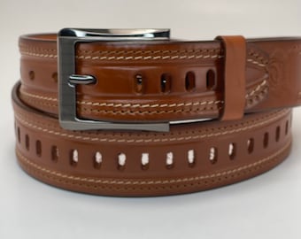 Brown Leather Double Stitch Belt, Satine Nickle finish buckle, Leather 1/8”thick x 1.5” inches, made in Mexico, available size 32-44,