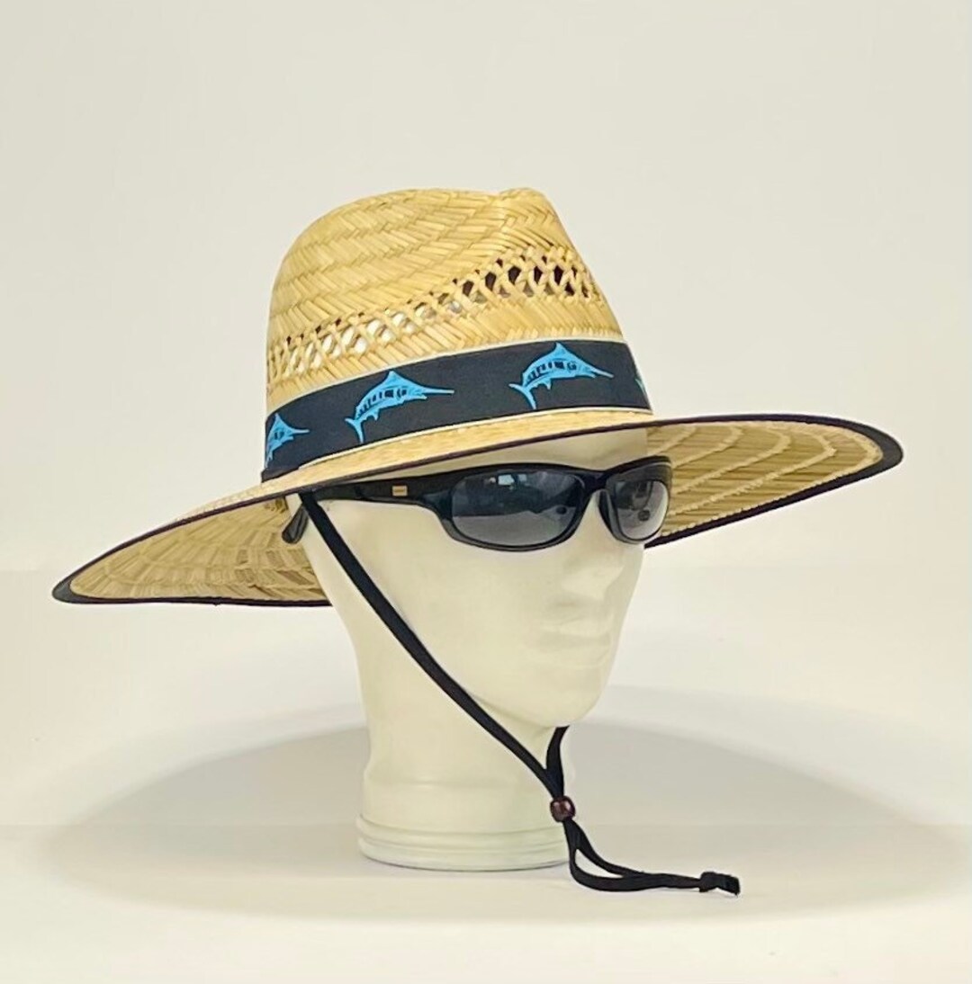 Blue Marlin Bandana Straw Hat, Well Ventilated, Colorful Bandana With