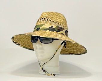 Green Camouflage Straw Hat, well ventilated, colorful bandana with matching edge and chin strap, great for any outdoor activity! A must have