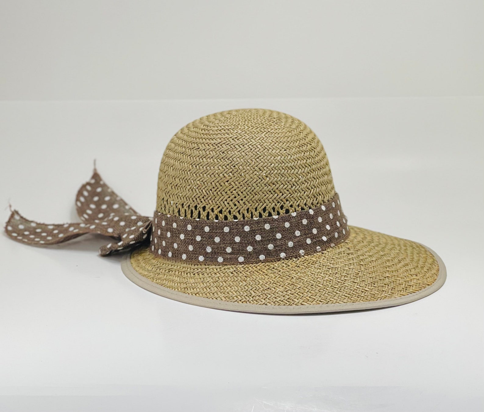 Ladies Asian Straw Visor Hat with White Polka White Dots Etsy