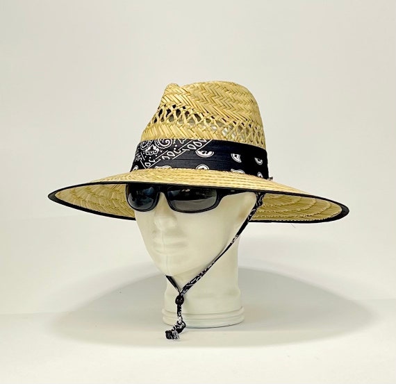 Black Bandana Straw Hat, Well Ventilated, Colorful Bandana