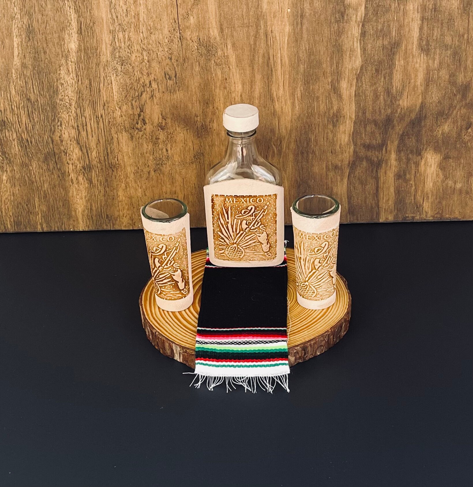 Mexican Handmade Decanter With 2 Glass Shots With Leather Etsy