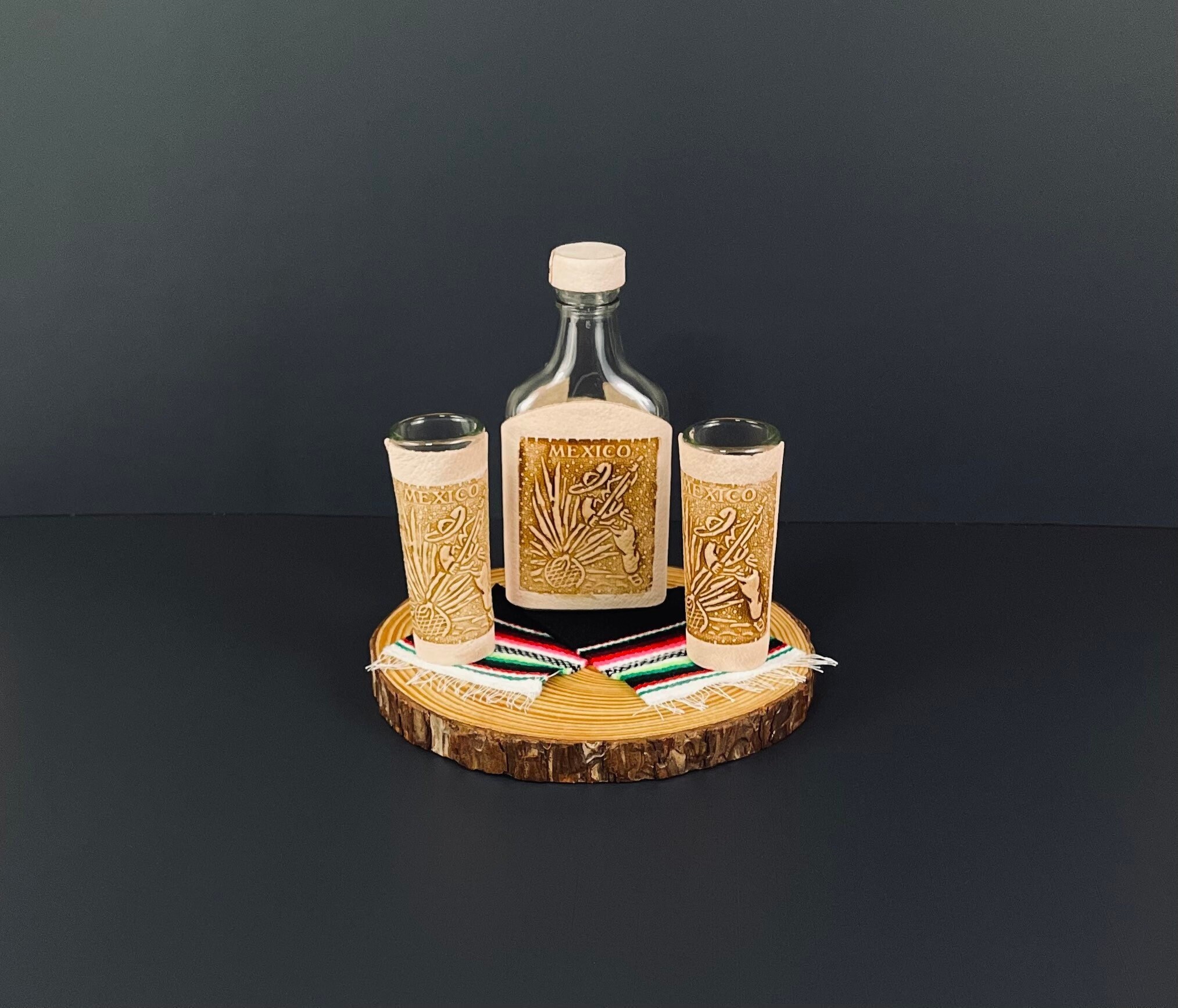 Mexican Handmade Decanter With 2 Glass Shots With Leather Etsy