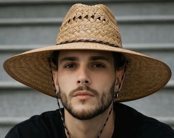 Ventilated Straw Hat, Fisherman Gardening Sun Protection, Adjustable Strap, 4.75-Inch Brim, TAN Edge.