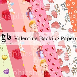May include: A set of 8 digital Valentine's Day papers featuring various patterns including hearts, flowers, and cherubs. The papers are perfect for scrapbooking, card making, and other craft projects.