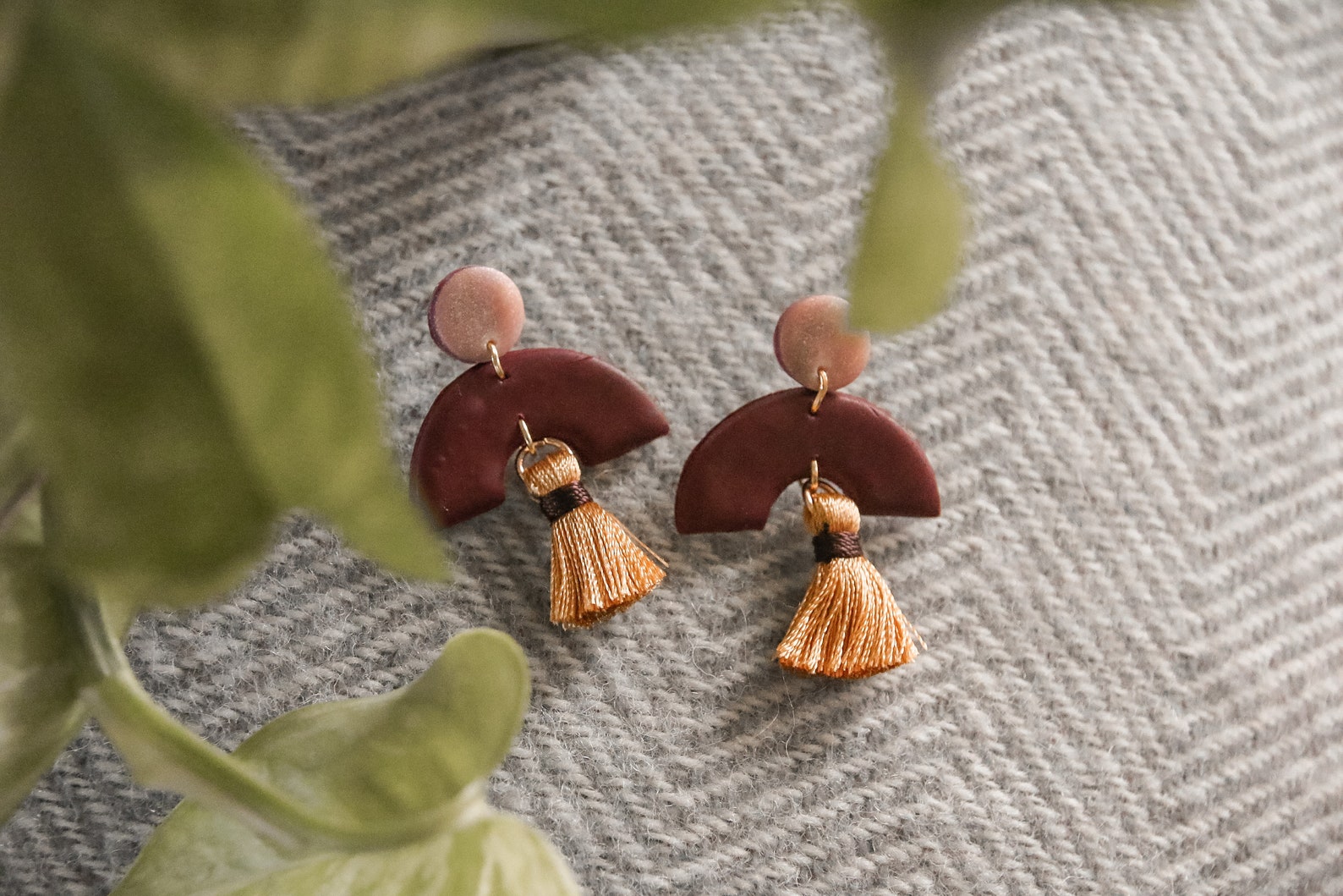 Burgundy & Gold Fimo Clay Earrings with Tassels Etsy