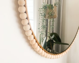 Large round wall mirror / gold edge / macrame / wood beads
