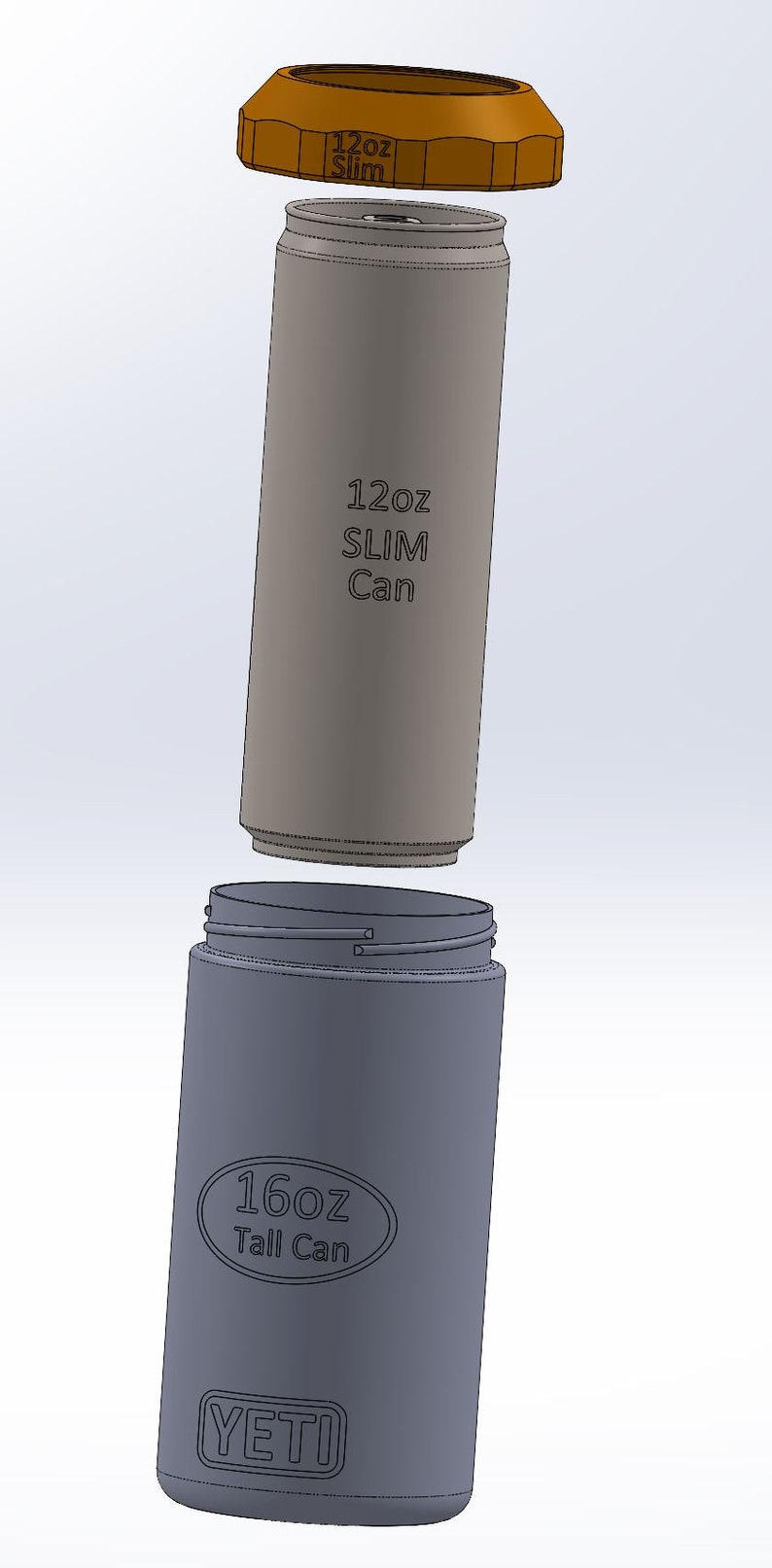 Op de afbeelding: Een explosiebeeld van een grijze 473 ml Tall Can en een grijze 355 ml Slim Can met een bruin deksel. De 355 ml Slim Can heeft de tekst "12oz SLIM Can" erop gedrukt. De 473 ml Tall Can heeft de tekst "16oz Tall Can" en de merknaam "YETI" erop.