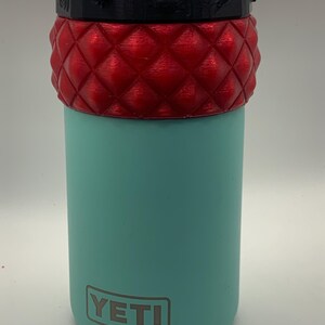 16oz Adapter  Style: Ornament Color: T-Red. Shown with Izer Designs Replacement gasket/lid, Cosmic model, Black. Combination w/12oz yeti accommodates 16oz tall boy cans. Yeti and lid not included. See other Izer Designs listings for various lids.