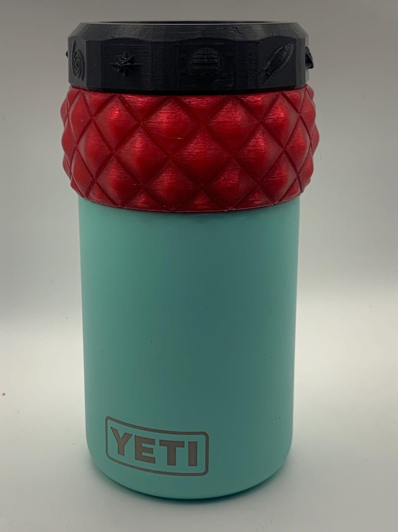 16oz Adapter  Style: Ornament Color: T-Red. Shown with Izer Designs Replacement gasket/lid, Cosmic model, Black. Combination w/12oz yeti accommodates 16oz tall boy cans. Yeti and lid not included. See other Izer Designs listings for various lids.