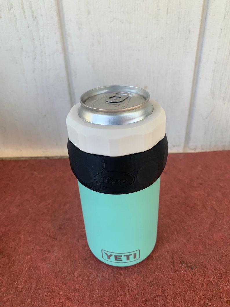 16oz Adapter assembled with 16oz beverage can and 12oz Yeti. Style: 10 Round Face. Shown with Izer Designs simply faceted model replacement gasket/lid in white.  Yeti and Gasket not included. See other Izer Designs listings for various lids.