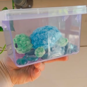 May include: A blue and green crocheted turtle toy in a clear plastic container with blue and green glass stones.