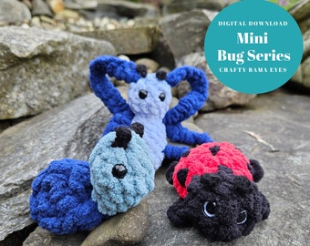 May include: Three crocheted stuffed bugs, a blue and light blue caterpillar, a blue and light blue snail, and a red and black ladybug. The bugs are sitting on a rock background. The text "Mini Bug Series" is in a blue circle above the bugs.