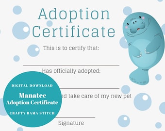 Manatee Adoption Certificate, Adoption Certificate, Plushie Certificate, Adopt Me Certificate, Digital Adoption Certificate, Manatee Plushie