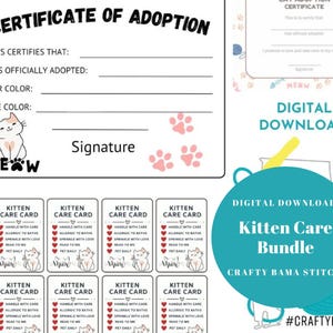 Lot PDF chaton, certificat d'adoption, carte d'entretien, entretien d'une peluche, cartes d'entretien, carte d'entretien au crochet, doudou au crochet, certificat d'adoption, chat