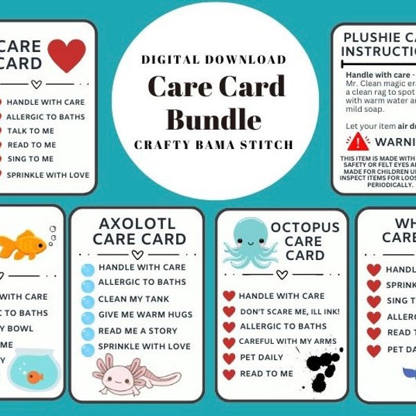 Bundle - Care Cards, Animal Care Card, Plushie Care Card, Crochet Care Card, Crochet Animal Care, Crochet Plushie, Crochet Card, Care Card