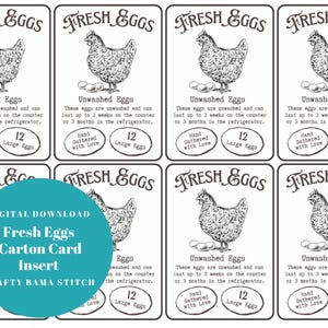 May include: A digital download of a Fresh Eggs carton card insert. The design features a vintage illustration of a hen, the words "Fresh Eggs", and text about unwashed eggs. Each card holds 12 large eggs.