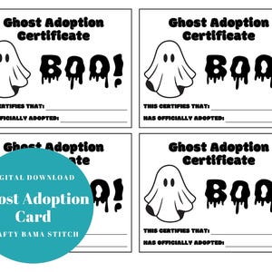 Könnte beinhalten: Vier weiße Karten mit einem schwarz-weißen Geisterdesign. Jede Karte trägt die Aufschrift "Ghost Adoption Certificate" mit einer "BOO!" Grafik. Die Karten sind für einen digitalen Download einer Geister-Adoptionskarte.
