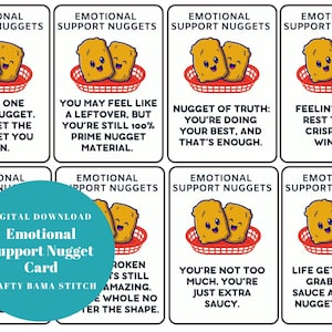 Puede incluir: Ocho tarjetas con el texto "Emotional Support Nuggets" y frases alentadoras. Cada tarjeta presenta una caricatura de dos pepitas de pollo sonrientes en una cesta roja. Un círculo turquesa dice "Descarga digital Emotional Support Nugget Card".