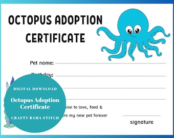 Octopus Adoption Certificate, Adoption Certificate, Plushie Certificate, Adopt Me Certificate, Digital Adoption Certificate, Octopus Plushie