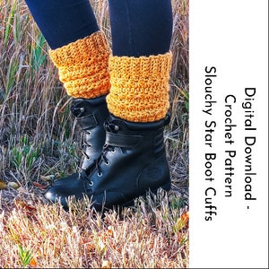 May include: A pair of mustard yellow crochet boot cuffs worn over black leather boots. The image includes the text "Digital Download - Crochet Pattern Slouchy Star Boot Cuffs".