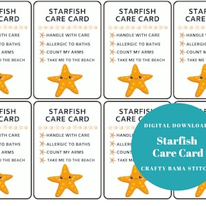 Cartes d'entretien étoile de mer, Carte d'entretien, Carte d'entretien doudou, Carte d'entretien au crochet, Soins d'étoile de mer au crochet, Étoile de mer, Peluche au crochet, Étoile de mer, Carte d'entretien