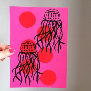 Linocut print jellyfish, original linocut, hand-printed poster, linocut jellyfish, neon print, sea creature print, hand-carved stempel