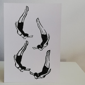 Linoleum print, A5, original, tower jumper, black and white