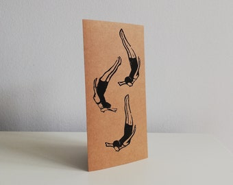 Original Linocut, High Divers, Kraft Paper Card with Envelope, A6, Hand Printed Card, Swimmer