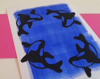 Original linocut, orca handprinted, linoleum print, small poster, sea creature print, whale