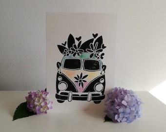 Originele linoprint A5, linocut hippie bus, VW Bulli illustratie, boho print, flower power