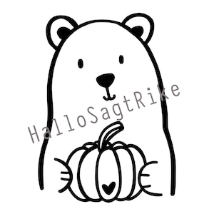 Könnte beinhalten: Eine Schwarzweiß-Zeichnung eines Bären, der einen Kürbis hält. Der Bär hat ein einfaches, cartoonartiges Gesicht.
