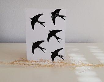 Postcard swallows, original linoleum print, hand-printed postcard, bird illustration, black and white print, motif stamp swallow