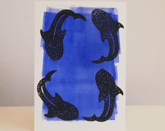 Original linocut, whale shark handprinted, linoleum print, small poster, sea creature print