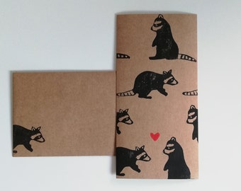 Original linoleum print, raccoon love, kraft paper card with envelope, A6, hand-printed card, drawing