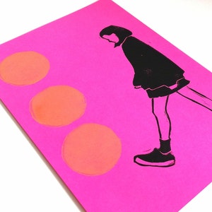 Linoleum Print Girl, Neon Print, Neon Linocut, Hand Printed Poster, Pink Print, Hand Carved Stamp