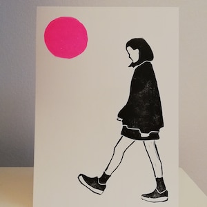 Lino print girl, lino cut woman, hand printed poster, cool girl