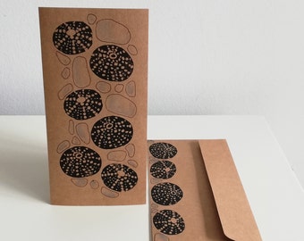 Original linocut print, sea urchins and pebbles, kraft paper card with cover, A6, hand-printed map, drawing