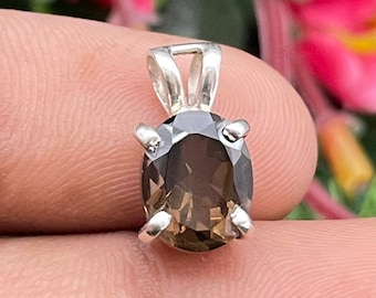Pendentif ovale en argent sterling 925 avec quartz fumé - Style vintage