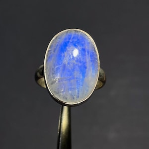 Handmade Oval Rainbow Moonstone Ring: Boho Silver Jewelry