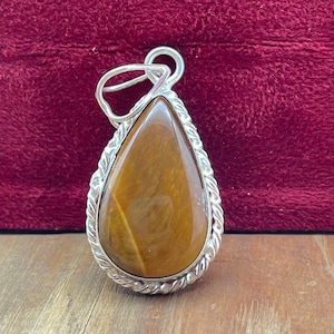 Handmade Pear Tiger Eye Pendant: 925 Sterling Silver Gemstone Jewelry