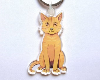 May include: A keychain featuring a cartoon orange tabby cat sitting with a silver key ring.